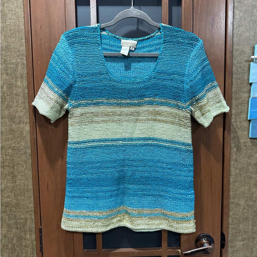 Vintage Coldwater Creek Teal and Beige Striped Short Sleeve Top